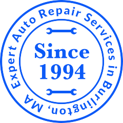 A blue and black logo for auto repair services in burlington.